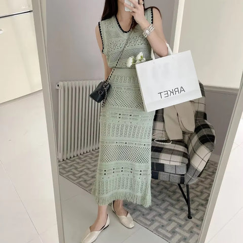 New Tassel Weave Fashion Design Hollow Elegant Spring And Summer Hip Skirt Two-piece Set CODE: KAR3547