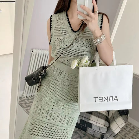 New Tassel Weave Fashion Design Hollow Elegant Spring And Summer Hip Skirt Two-piece Set CODE: KAR3547