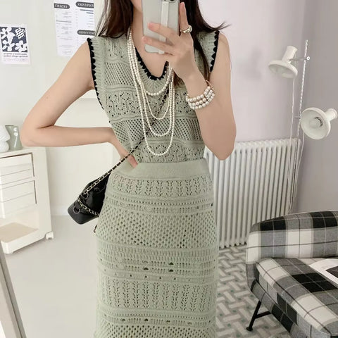 New Tassel Weave Fashion Design Hollow Elegant Spring And Summer Hip Skirt Two-piece Set CODE: KAR3547