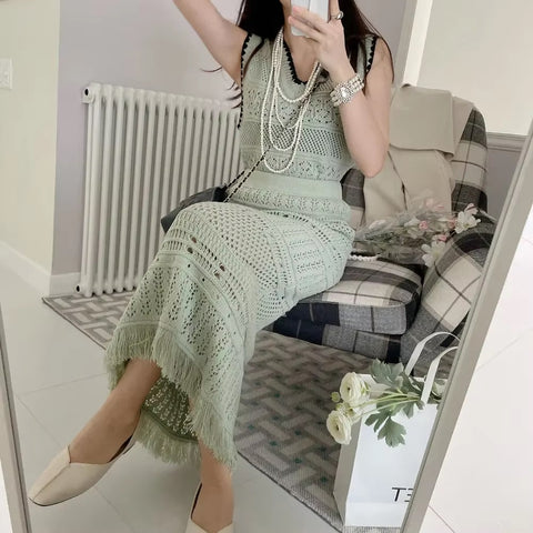 New Tassel Weave Fashion Design Hollow Elegant Spring And Summer Hip Skirt Two-piece Set CODE: KAR3547