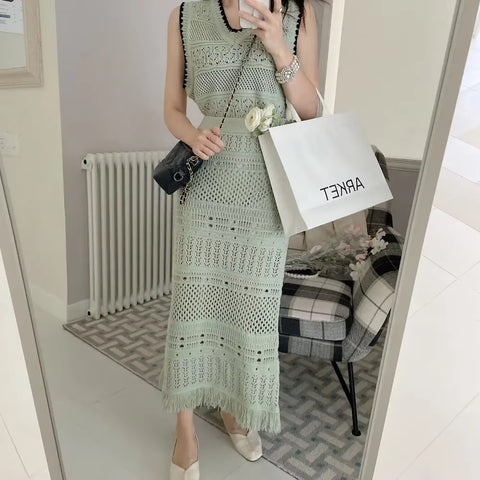 New Tassel Weave Fashion Design Hollow Elegant Spring And Summer Hip Skirt Two-piece Set CODE: KAR3547