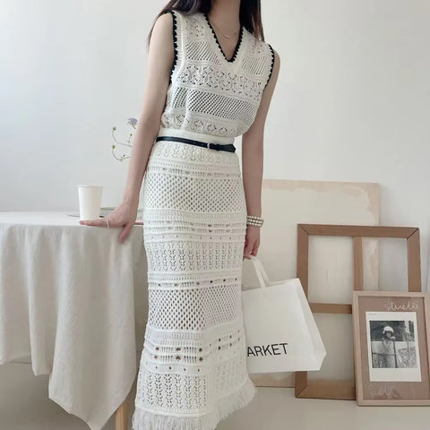 New Tassel Weave Fashion Design Hollow Elegant Spring And Summer Hip Skirt Two-piece Set CODE: KAR3547