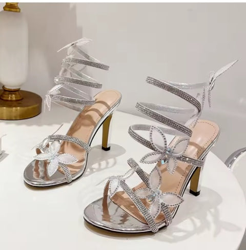 New Crystal Butterfly Open Toen Thin Fashion Rhinestone Snake Coiled Ankle Strap High Heels CODE: KAR3550