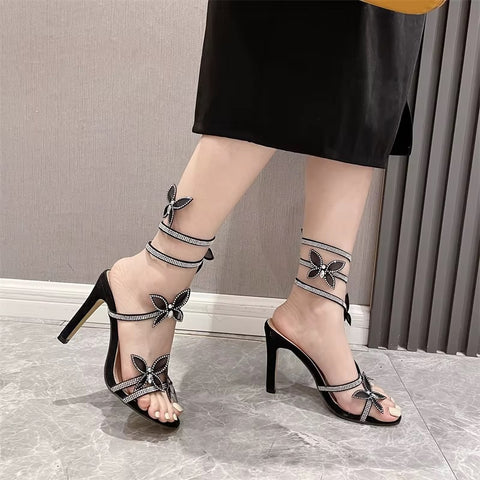 New Crystal Butterfly Open Toen Thin Fashion Rhinestone Snake Coiled Ankle Strap High Heels CODE: KAR3550