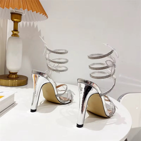 New Crystal Butterfly Open Toen Thin Fashion Rhinestone Snake Coiled Ankle Strap High Heels CODE: KAR3550