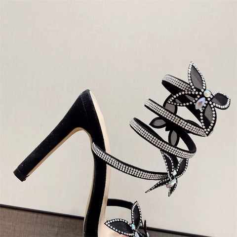 New Crystal Butterfly Open Toen Thin Fashion Rhinestone Snake Coiled Ankle Strap High Heels CODE: KAR3550