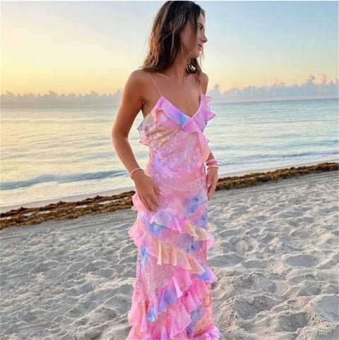 New Gradient Mesh Ruffles Patchwork Sling V Neck Backless Long Dress CODE: KAR3554