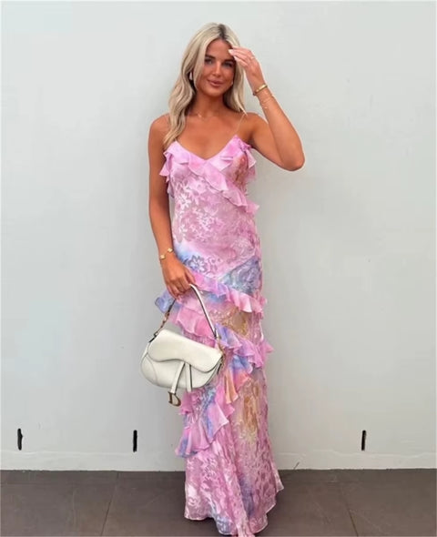 New Gradient Mesh Ruffles Patchwork Sling V Neck Backless Long Dress CODE: KAR3554
