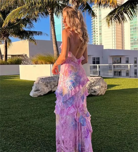 New Gradient Mesh Ruffles Patchwork Sling V Neck Backless Long Dress CODE: KAR3554