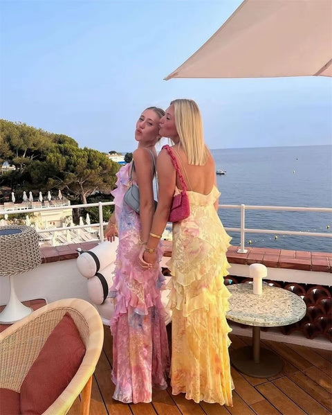 New Gradient Mesh Ruffles Patchwork Sling V Neck Backless Long Dress CODE: KAR3554