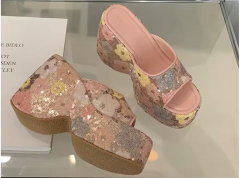 New Wedge Flower Print  High Heels Platform Sandals CODE: KAR3556