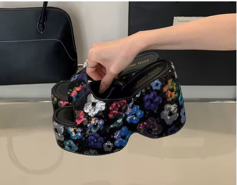 New Wedge Flower Print  High Heels Platform Sandals CODE: KAR3556