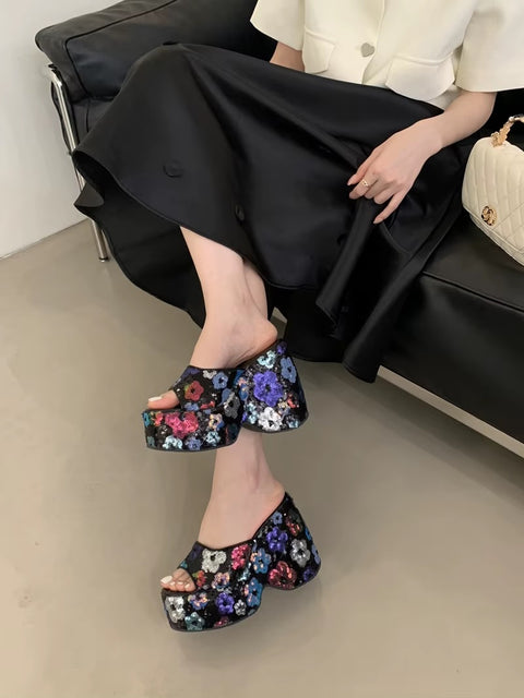 New Wedge Flower Print  High Heels Platform Sandals CODE: KAR3556