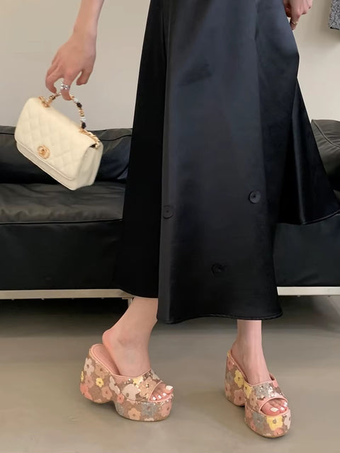 New Wedge Flower Print  High Heels Platform Sandals CODE: KAR3556