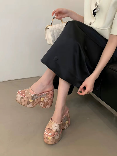New Wedge Flower Print  High Heels Platform Sandals CODE: KAR3556