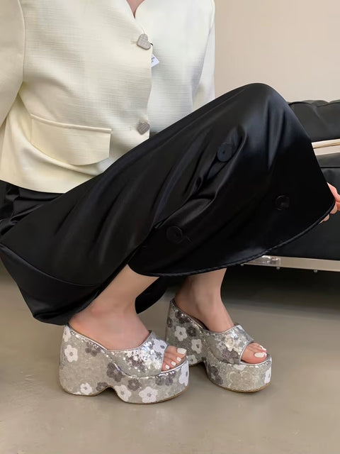 New Wedge Flower Print  High Heels Platform Sandals CODE: KAR3556