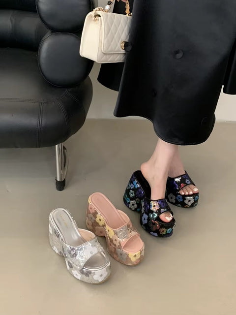 New Wedge Flower Print  High Heels Platform Sandals CODE: KAR3556
