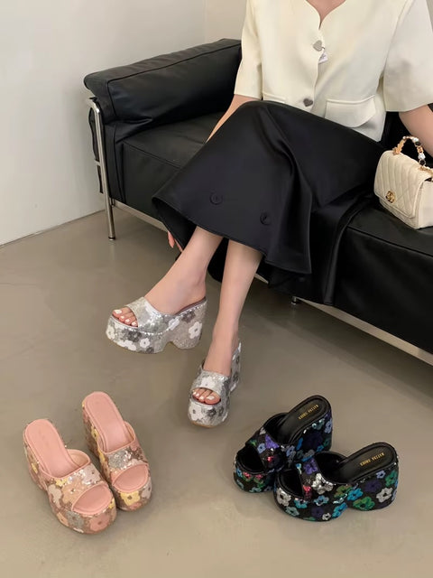 New Wedge Flower Print  High Heels Platform Sandals CODE: KAR3556