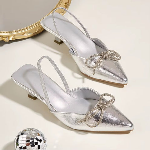 New Crystal Bowknot Thin Low Pumps Gladiator Sling back salty Pointed Toe Prom heel CODE: KAR3557