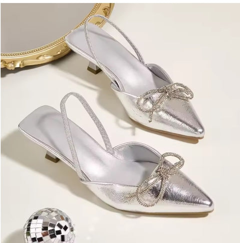 New Crystal Bowknot Thin Low Pumps Gladiator Sling back salty Pointed Toe Prom heel CODE: KAR3557