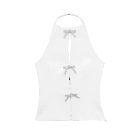 New Bow Rhinestone Crop Cut Out Sleeveless Off Shoulder Backless Sexy Top CODE: KAR3561