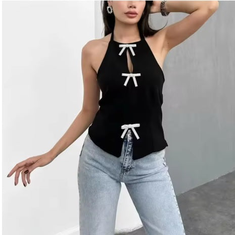 New Bow Rhinestone Crop Cut Out Sleeveless Off Shoulder Backless Sexy Top CODE: KAR3561