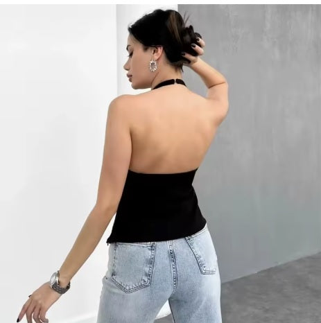 New Bow Rhinestone Crop Cut Out Sleeveless Off Shoulder Backless Sexy Top CODE: KAR3561