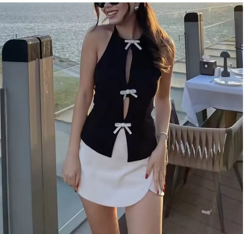 New Bow Rhinestone Crop Cut Out Sleeveless Off Shoulder Backless Sexy Top CODE: KAR3561