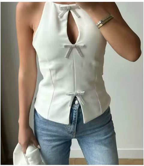 New Bow Rhinestone Crop Cut Out Sleeveless Off Shoulder Backless Sexy Top CODE: KAR3561