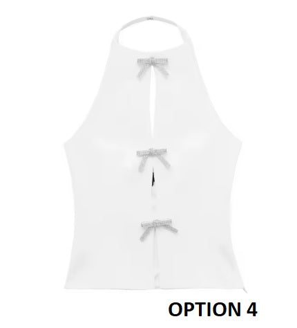 New Bow Rhinestone Crop Cut Out Sleeveless Off Shoulder Backless Sexy Top CODE: KAR3561