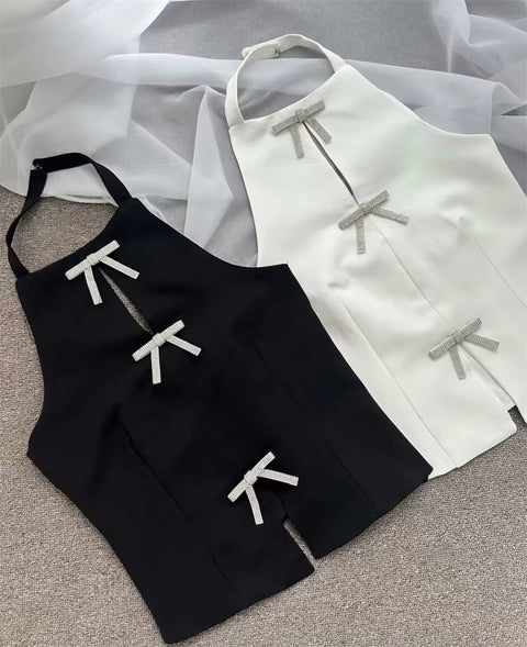 New Bow Rhinestone Crop Cut Out Sleeveless Off Shoulder Backless Sexy Top CODE: KAR3561