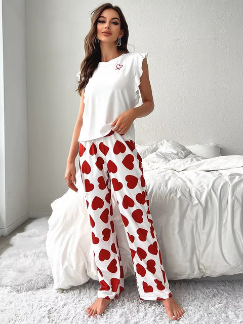 New Casual Sexy Fly Sleeve Vest Heart Print Pant 2-piece Pajama Set CODE: KAR3568