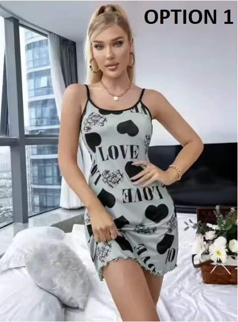 New sexy Spaghetti Strap V-Neck Loose  Cute Print Sleep Dress CODE: KAR3569