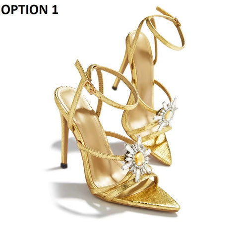 New Crystal Flower Buckle Narrow Band Pointed Toe Stripper Heels CODE: KAR3572