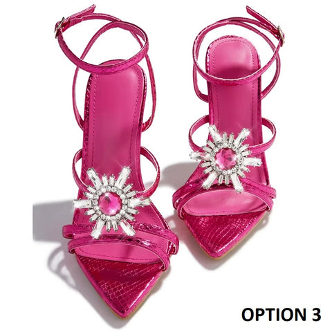 New Crystal Flower Buckle Narrow Band Pointed Toe Stripper Heels CODE: KAR3572