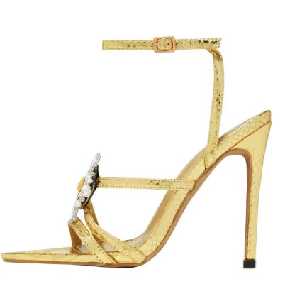 New Crystal Flower Buckle Narrow Band Pointed Toe Stripper Heels CODE: KAR3572