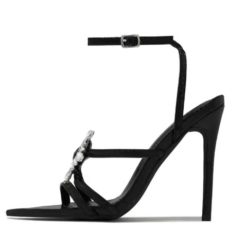 New Crystal Flower Buckle Narrow Band Pointed Toe Stripper Heels CODE: KAR3572