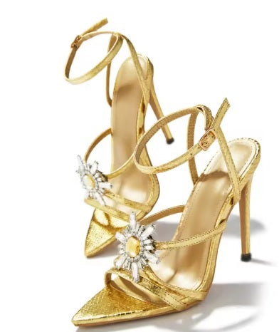 New Crystal Flower Buckle Narrow Band Pointed Toe Stripper Heels CODE: KAR3572