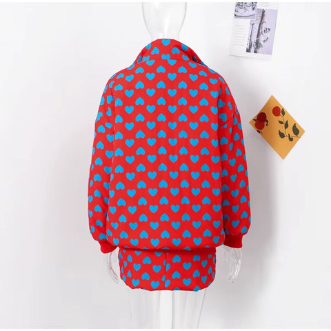 New Fashion Stand Collar Love Print Thick Zipper Pocket Jacket Mini Skirt 2 Piece Set CODE: KAR3576