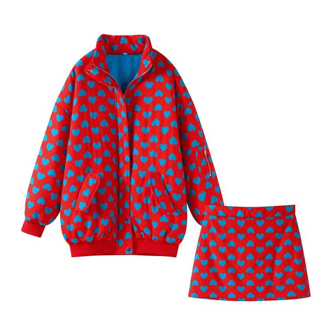 New Fashion Stand Collar Love Print Thick Zipper Pocket Jacket Mini Skirt 2 Piece Set CODE: KAR3576