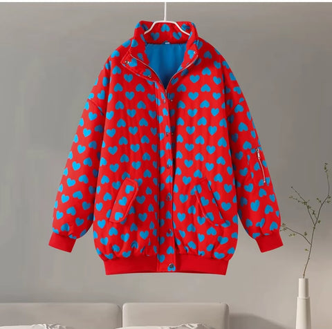 New Fashion Stand Collar Love Print Thick Zipper Pocket Jacket Mini Skirt 2 Piece Set CODE: KAR3576