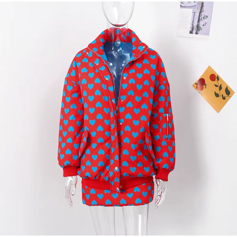 New Fashion Stand Collar Love Print Thick Zipper Pocket Jacket Mini Skirt 2 Piece Set CODE: KAR3576