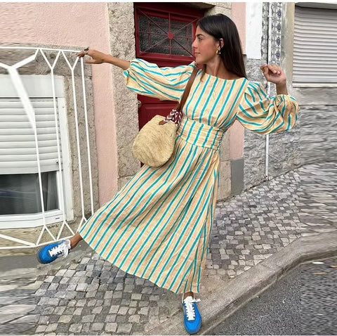 New Fashion O Neck High Waist Beach Robe Striped Print Backless Lantern Sleeve Midi Long Dress CODE: KAR3577