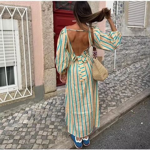 New Fashion O Neck High Waist Beach Robe Striped Print Backless Lantern Sleeve Midi Long Dress CODE: KAR3577