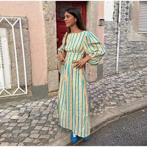 New Fashion O Neck High Waist Beach Robe Striped Print Backless Lantern Sleeve Midi Long Dress CODE: KAR3577