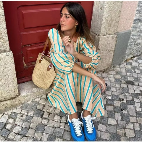 New Fashion O Neck High Waist Beach Robe Striped Print Backless Lantern Sleeve Midi Long Dress CODE: KAR3577