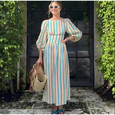 New Fashion O Neck High Waist Beach Robe Striped Print Backless Lantern Sleeve Midi Long Dress CODE: KAR3577