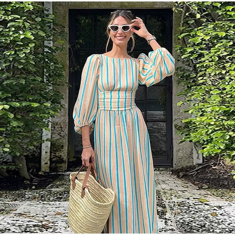 New Fashion O Neck High Waist Beach Robe Striped Print Backless Lantern Sleeve Midi Long Dress CODE: KAR3577