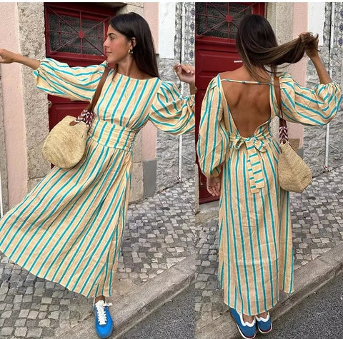 New Fashion O Neck High Waist Beach Robe Striped Print Backless Lantern Sleeve Midi Long Dress CODE: KAR3577
