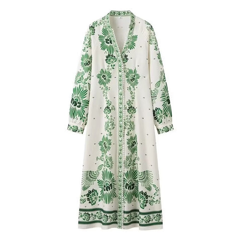 Summer New Versatile Fashionable Slim and Loose V-neck Printed Long sleeved Dress CODE: KAR3578